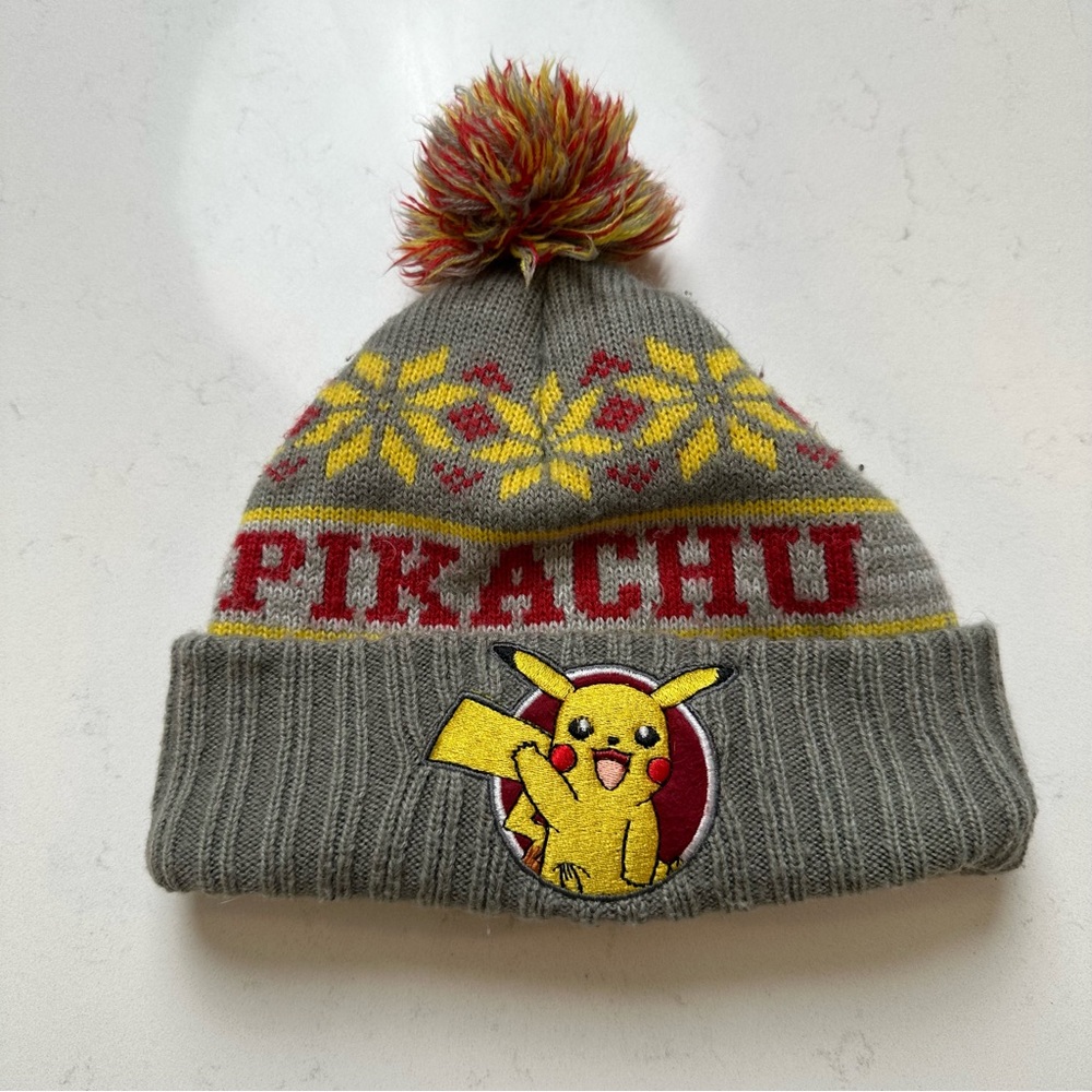 Pikachu Kids Pom-Pom Beanie - Gray and Yellow